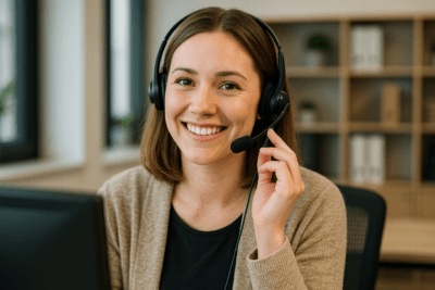 En leende administratör med headset. Bilden är AI-genererad. NTI-skolan.