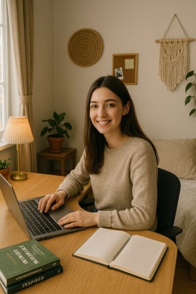En elev på NTI-skolan studerar vid sin laptop | NTI-skolan | Bilden är AI-genererad