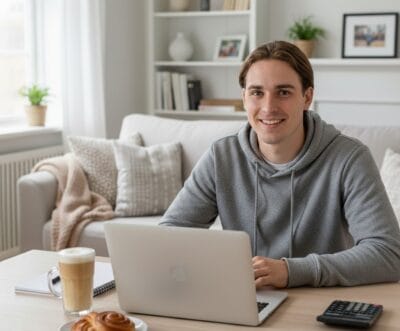 En elev vid NTI-skolan studerar hemifrån vid sin laptop | NTI-skolan | Bilden är AI-genererad